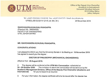  Dean-Industry Connect & Head of Dept. of Mechanical Engineering receives Senate Letter for PhD from Universiti Teknologi Malaysia (UTM) 