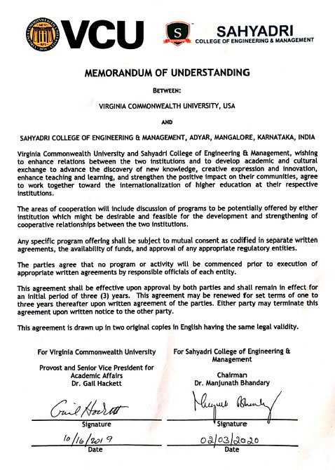 Sahyadri signs MOU with Virginia Commonwealth University (VCU), USA 
