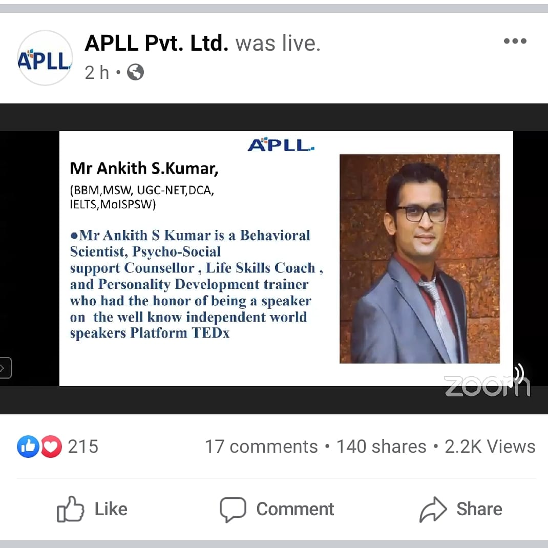 Student Counsellor invited as Resource Person for an Online Talk on “Mental Health” organized by APLL Pvt. Ltd, Bengaluru 