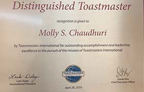 Dr. Molly Chaudhuri is now a Distinguished Toastmaster 